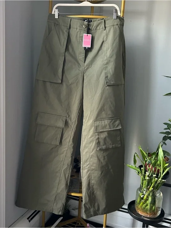 PrettyLittleThing Plus Olive Khaki twill high waist Cargo Trousers size 12 NEW - Picture 8 of 8